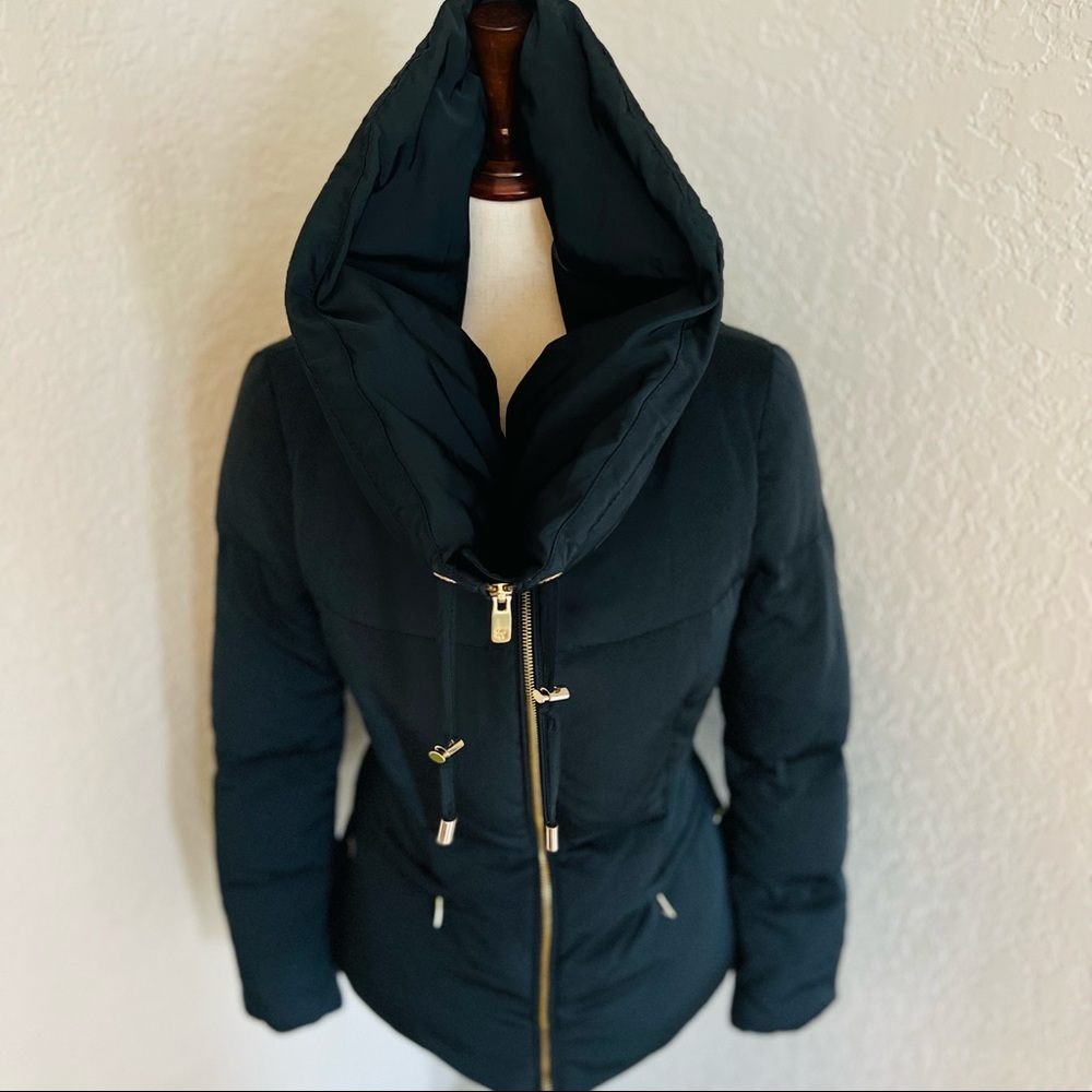 Zara Duck Down Full Zip Quilted Jacket/Coat, Hidden Rain Hood, Black, Size Small